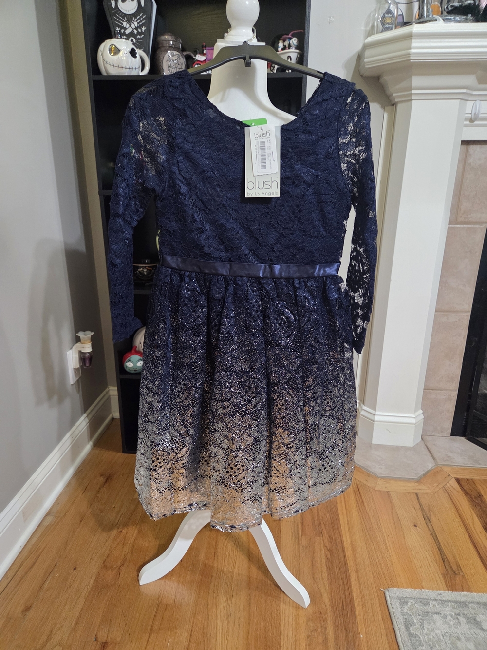 Blush Girls Navy to Gold Ombre Lace Party Dress